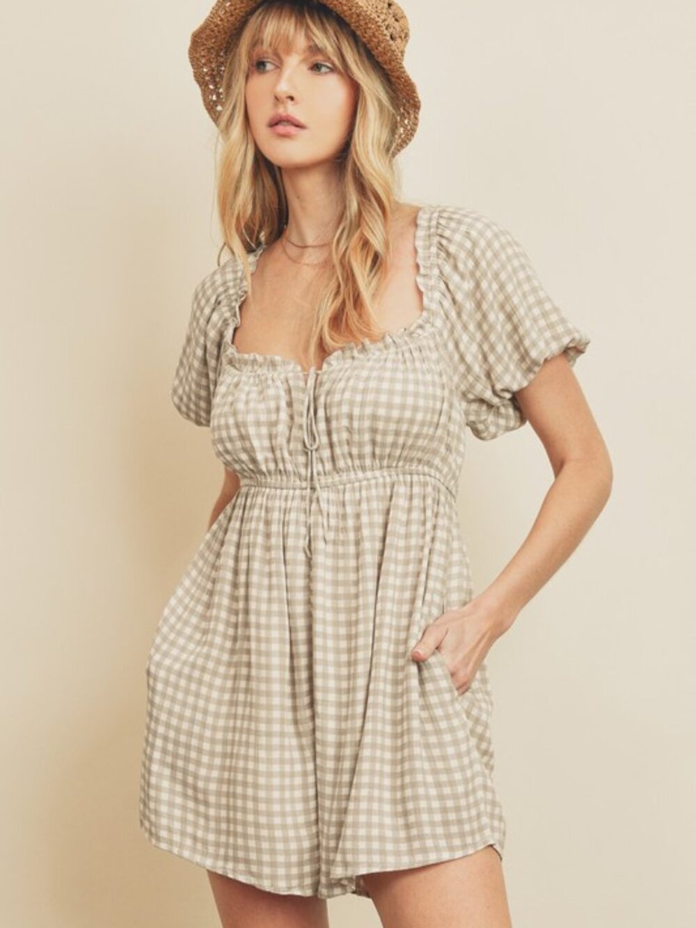 Gingham Babydoll Romper Rouched Back Puff Sleeve Pockets Elastic Waist Milkmaid - Picture 4 of 16
